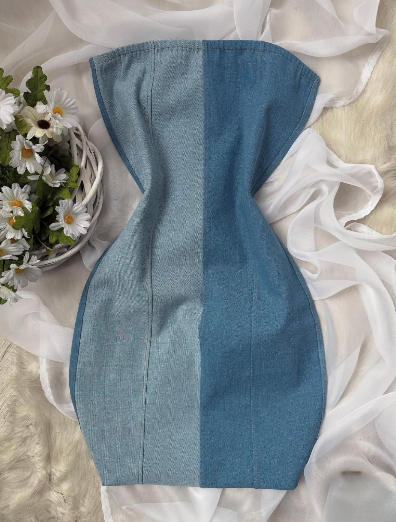 Vestido Strapless Denim Mix
