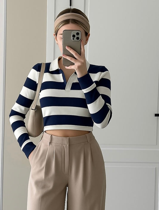 Crop Top Polo Rayas Blanco y Azul